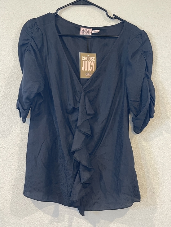 Juicy Couture Tops - NWT Juicy Couture Vintage Y2K Womens Black Cheetah Print Ruffle Blouse Size 12
